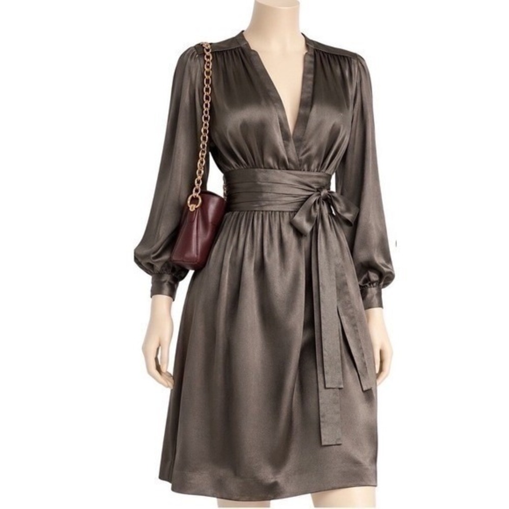 STELLA MCCARTNEY 100% Silk Pleated Waist Dark Taupe Belted Dress Italy | Sz 4